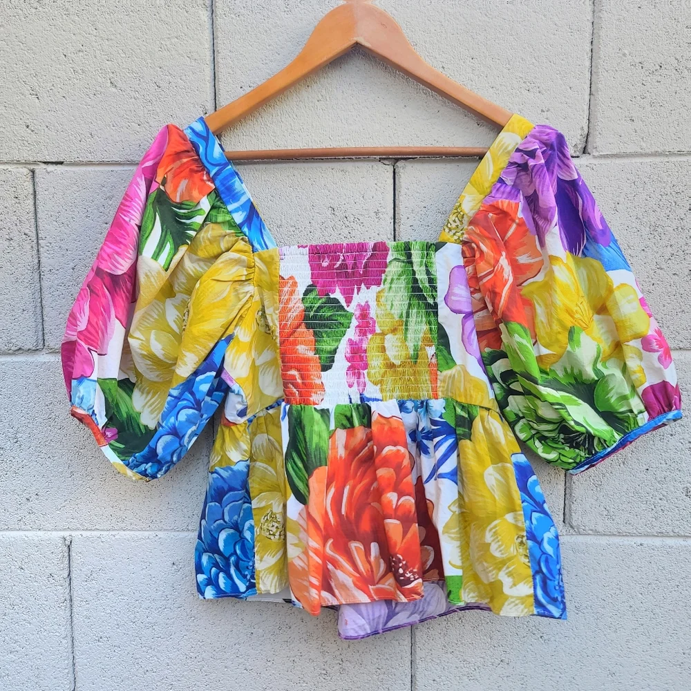 FARM RIO | Rainbow Chita Empire Waist Puff Sleeve Blouse Size Small